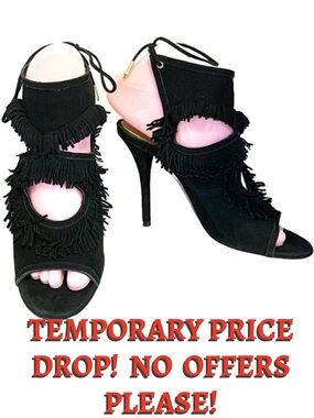 AQUAZZURA BLACK SUEDE "SEXY FRINGE" STILETTO HEEL SHOES WITH FRINGE (35.5)